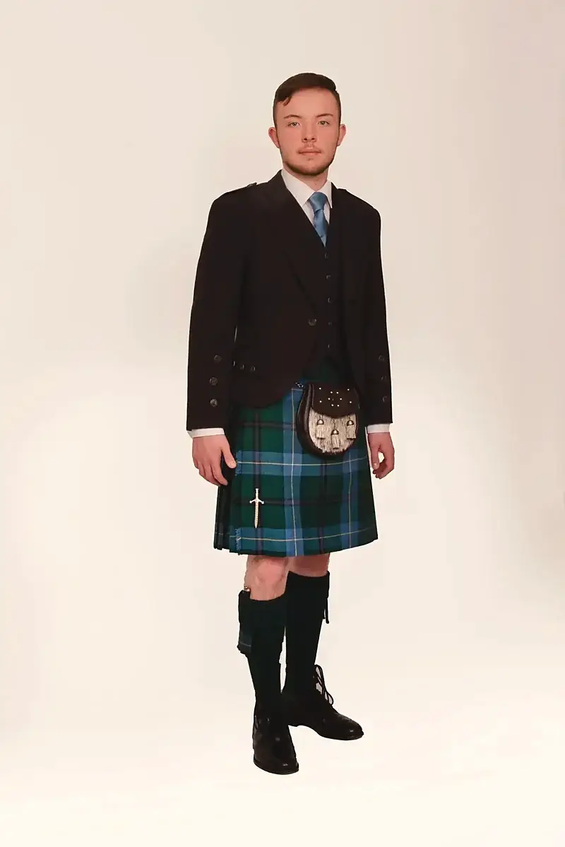 Kilt hire outfit with black jacket and tartan kilt