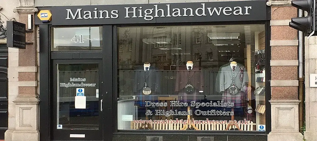 The Mains Highlandwear shop front on Union Terrace, Aberdeen